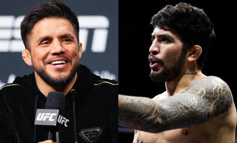 Henry Cejudo at the UFC 323 press conference, opposite Dillon Danis