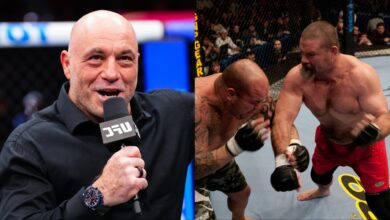 Joe Rogan in the Octagon at UFC 325, opposite Tank Abbott fighting Wesley Correia