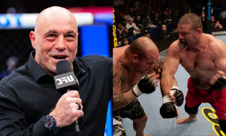 Joe Rogan in the Octagon at UFC 325, opposite Tank Abbott fighting Wesley Correia