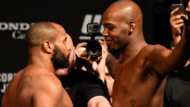 Daniel Cormier and Jon Jones face off at the UFC 214 ceremonial weigh-in