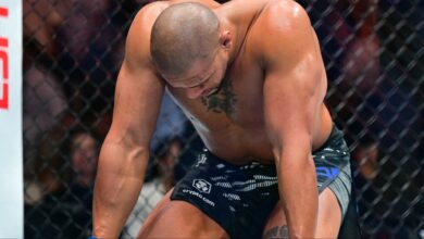 Ciryl Gane reacts after his fight against Tom Aspinall is ruled a no contest