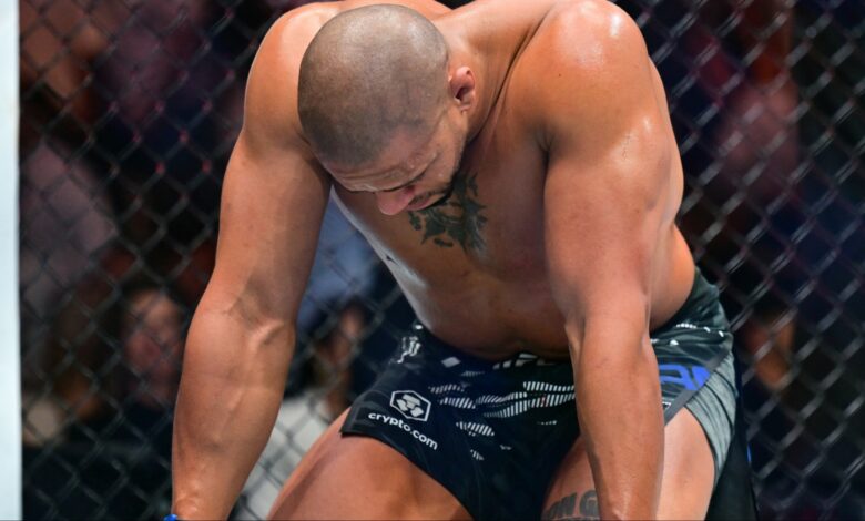 Ciryl Gane reacts after his fight against Tom Aspinall is ruled a no contest