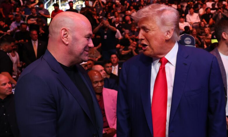 Dana White and Donald Trump speaking cageside at UFC 316