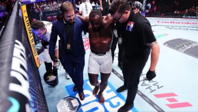 Torrez Finney is helped to his corner at UFC 325
